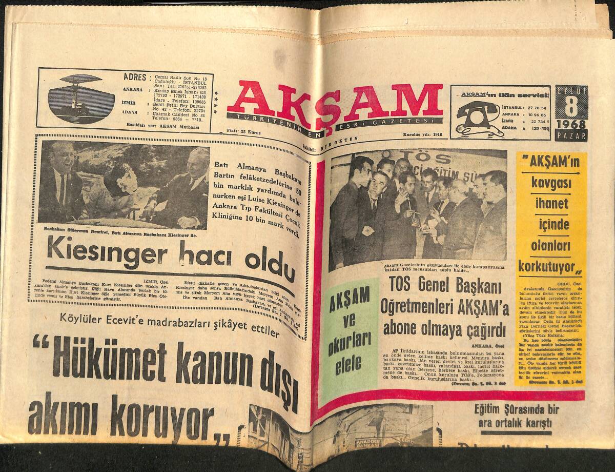 Akşam Gazetesi 8 Eylül 1968 - Yabancı Sigaralara Savaş Açıldı - Kiesinger Hacı Oldu GZ148833 - 1