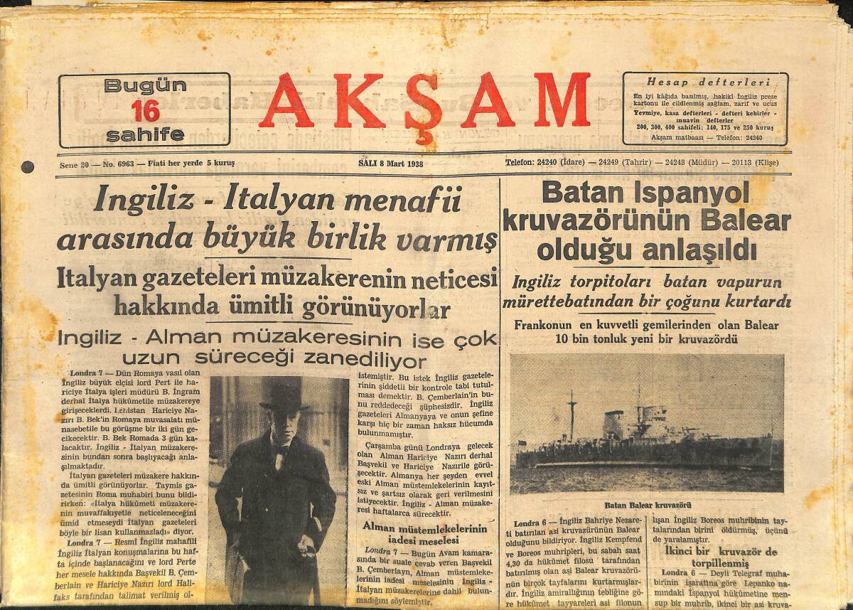 Akşam Gazetesi 8 Mart 1938 - Francis Lederer Muharririmiz Hikmet Feridun Es'le Görüşüyor - Akdeniz'de İngiliz-İtalyan Zıddiyesi GZ146710 - 1