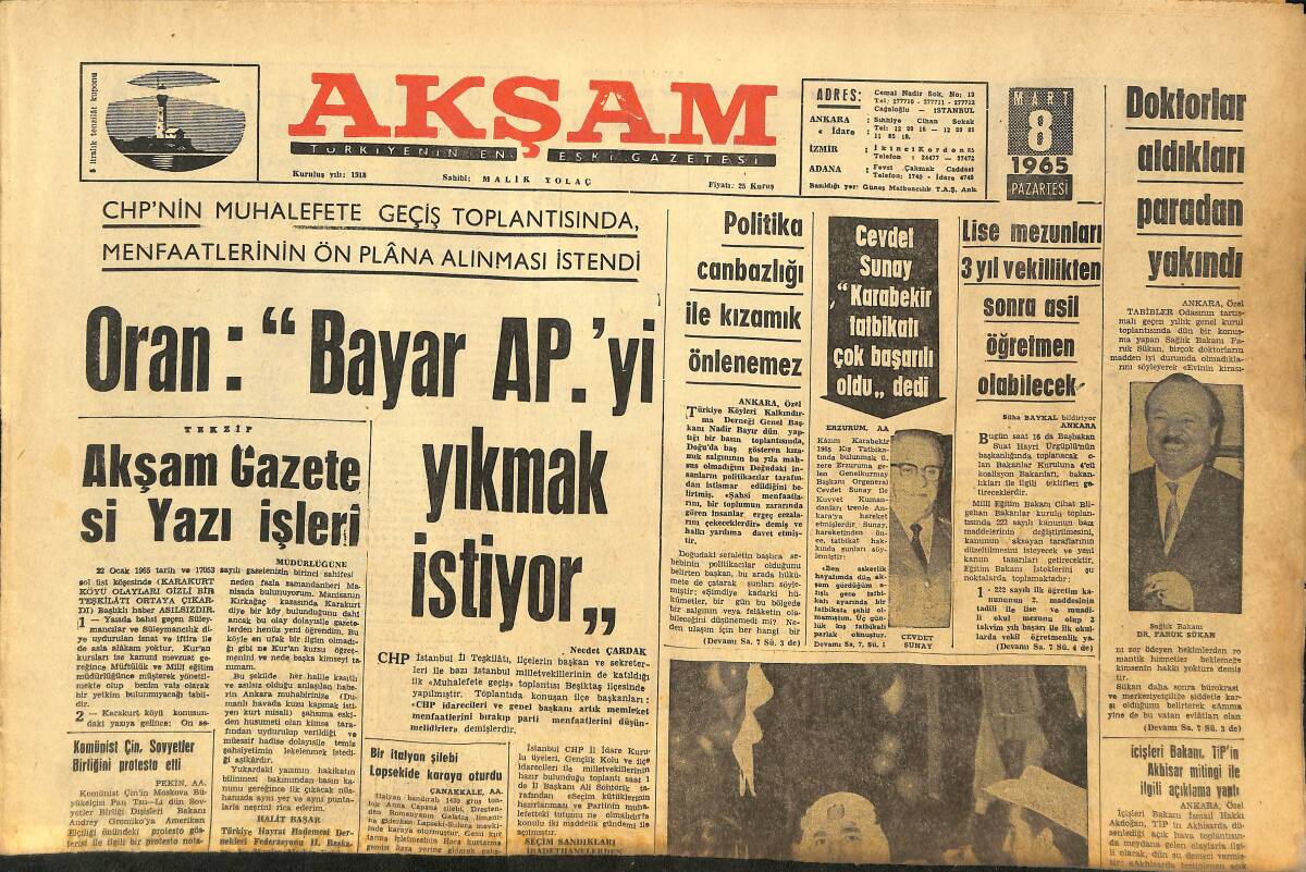 Akşam Gazetesi 8 Mart 1965 - Gönül Yazar: Muhterem Dinleyicilerim Bu Akşamdan İtibaren 1 Aylık Anadolu Turnesindeyim - Sophia Loren 3 Film Çevirecek GZ146392 - 1