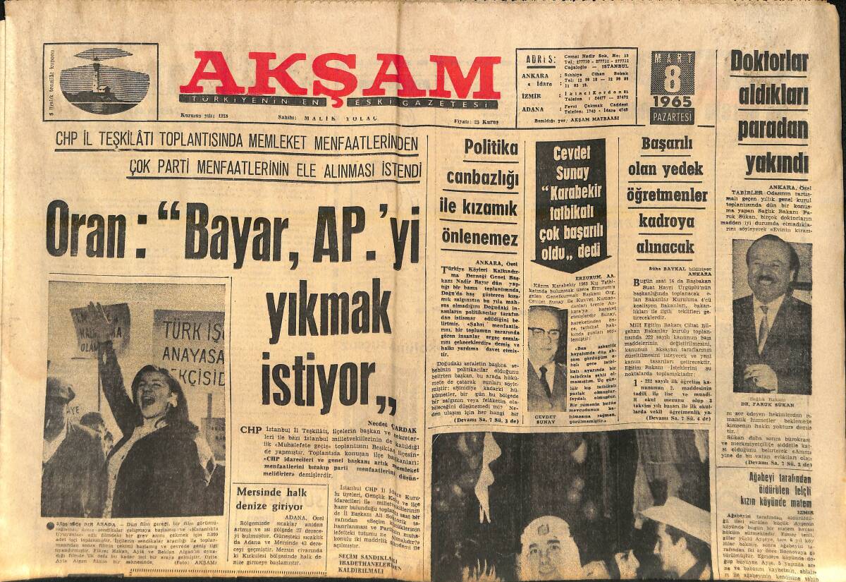 Akşam Gazetesi 8 Mart 1965 - Gönül Yazar: Muhterem Dinleyicilerim Bu Akşamdan İtibaren 1 Aylık Anadolu Turnesindeyim - Sophia Loren 3 Film Çevirecek GZ155834 - 1