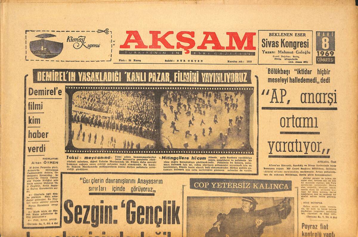 Akşam Gazetesi 8 Mart 1969 - AP Anarşi Ortamını Yaratıyor - Öztürk Serengil Yargıç Önünde Gırgıraj Olmaz Dedi GZ142613 - 1
