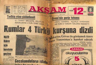 Akşam Gazetesi 8 Nisan 1964 - Rumlar 4 Türkü Kurşuna Dizdi GZ82327 - 1