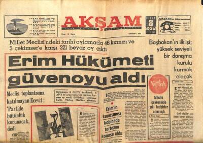 Akşam Gazetesi - 8 Nisan 1971 - Erim Hükümeti Güvenoyu Aldı GZ99741 - 1