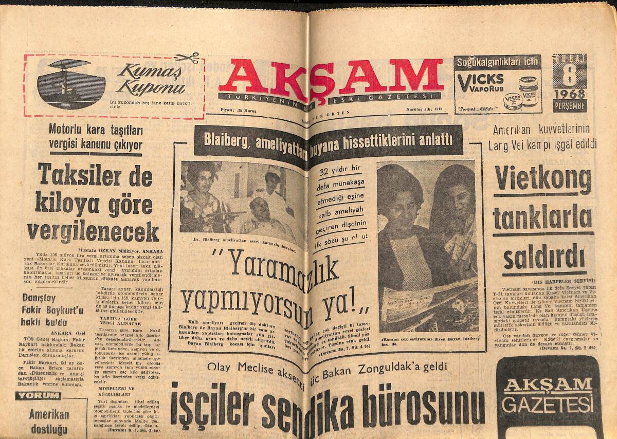 Akşam Gazetesi 8 Şubat 1968 - Vietkong Tanklarla Saldırdı - Remzi Çetin Hücreye Sokulmasını Protesto Etti GZ148738 - 1