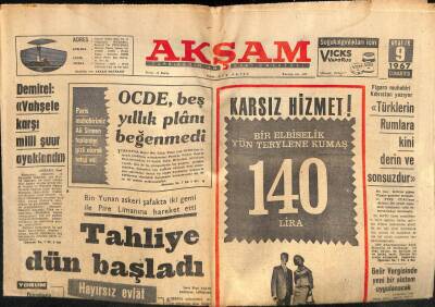 Akşam Gazetesi 9 Aralık 1967 - Tahliye Başladı,Bin Yunan Askeri İki Gemi İle Pire Limanına Hareket Etti GZ58943 - 1