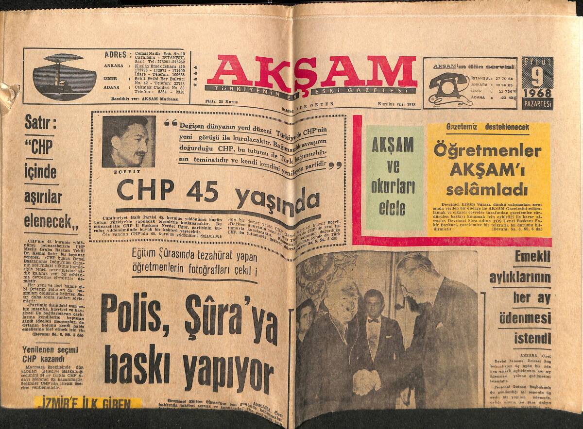 Akşam Gazetesi 9 Eylül 1968 - CHP 45 Yaşında - Kiesinger İnönü İle Ekonomik Konuları Görüştü GZ148948 - 1