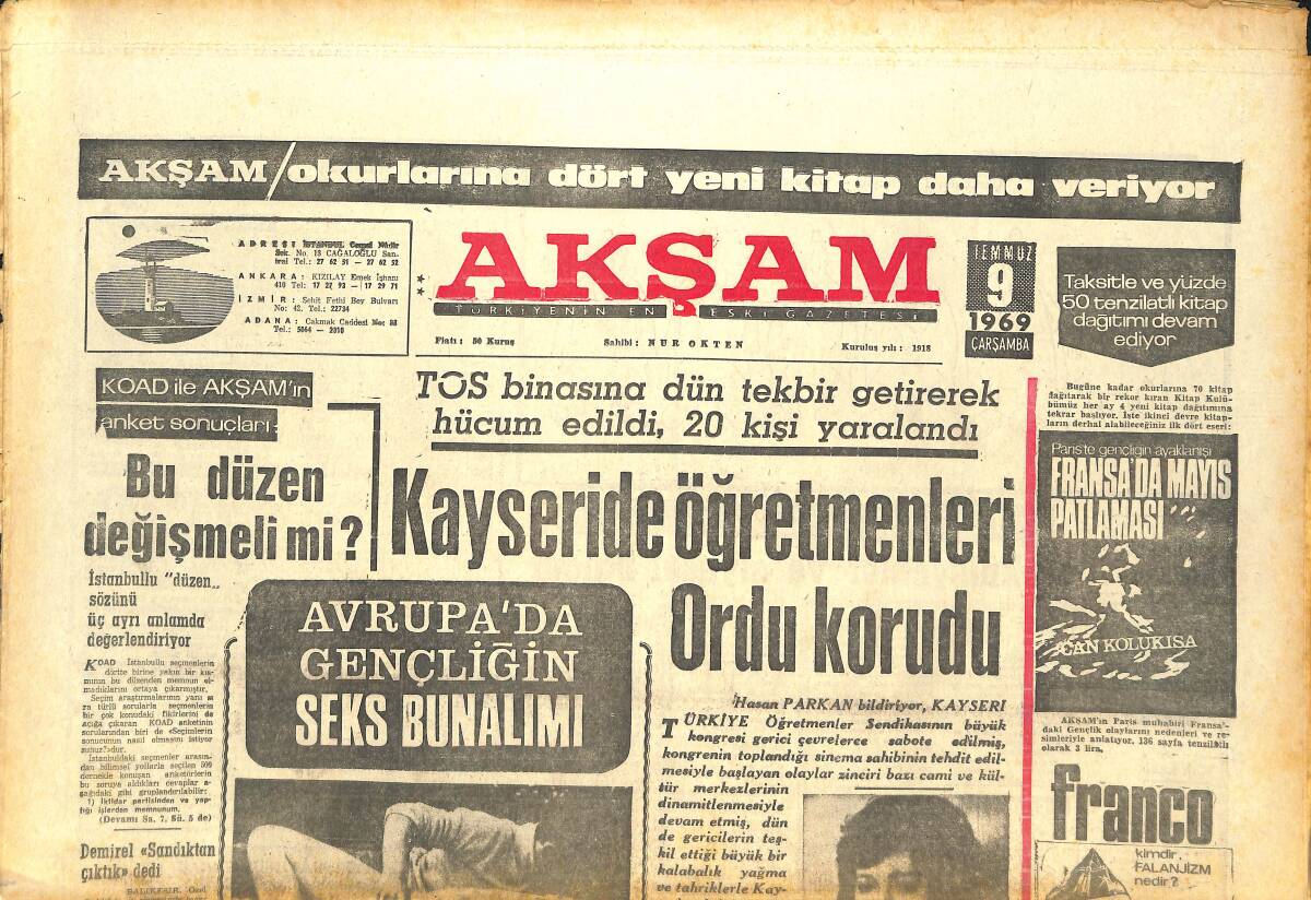 Akşam Gazetesi 9 Temmuz 1969 - Kayseri'de Öğretmenleri Ordu Korudu - FKF'Li Gençler Yargılandı! GZ142621 - 1