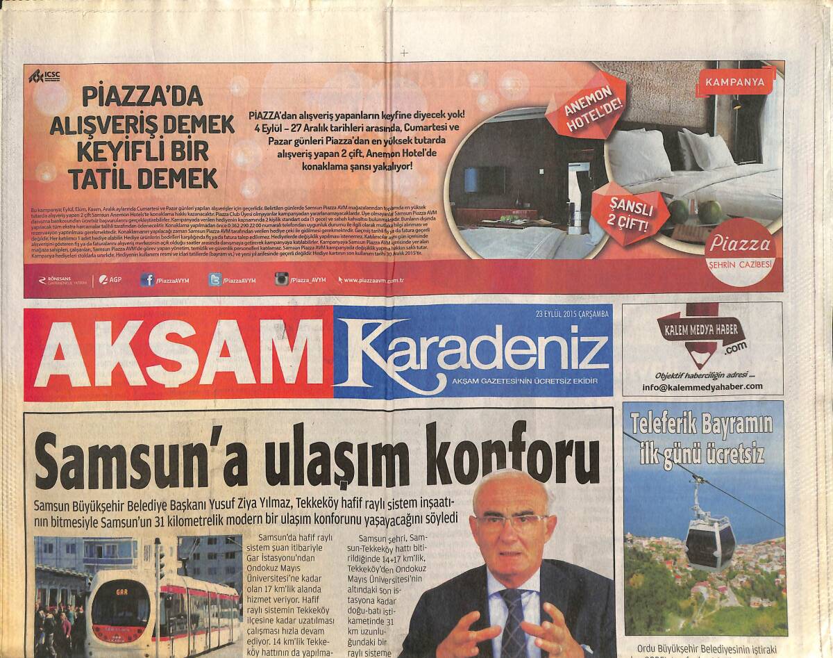 Akşam Gazetesi Karadeniz Eki 23 Eylül 2015 - Samsun'a Ulaşım Konforu - Atakum'da Basketbol Heyecanı GZ135962 - 1