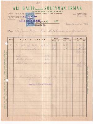 ALİ GALİP TORUNU SÜLEYMAN IRMAK ŞEKERLEME FABRİKASI İZMİR.1954 FATURA - 2