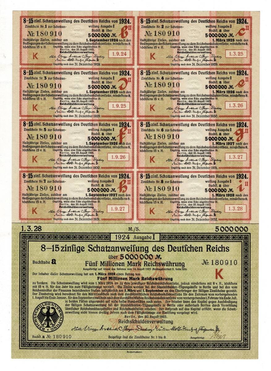1924 Almanya Hazine Tahvili 5 Milyon Mark Kuponla İptal Edilmemiş 5.000.000 HSS464 - 1