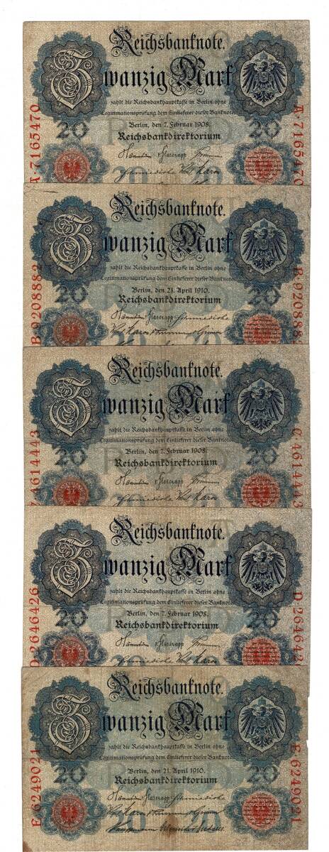 Almanya 20 Reichsmark 7 Şubat 1908 *SERİ A/B/C/D/E* Set ÇT YKP8377 - 1