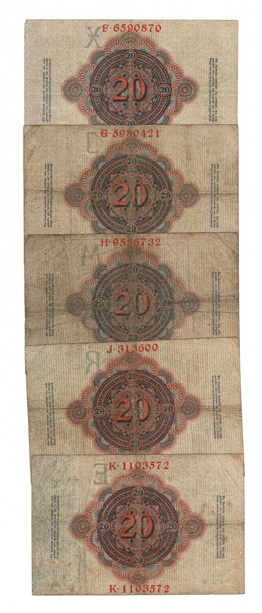 Almanya 20 Reichsmark 7 Şubat 1908 *SERİ F/G/H/J/K* Set ÇT YKP8378 - 2