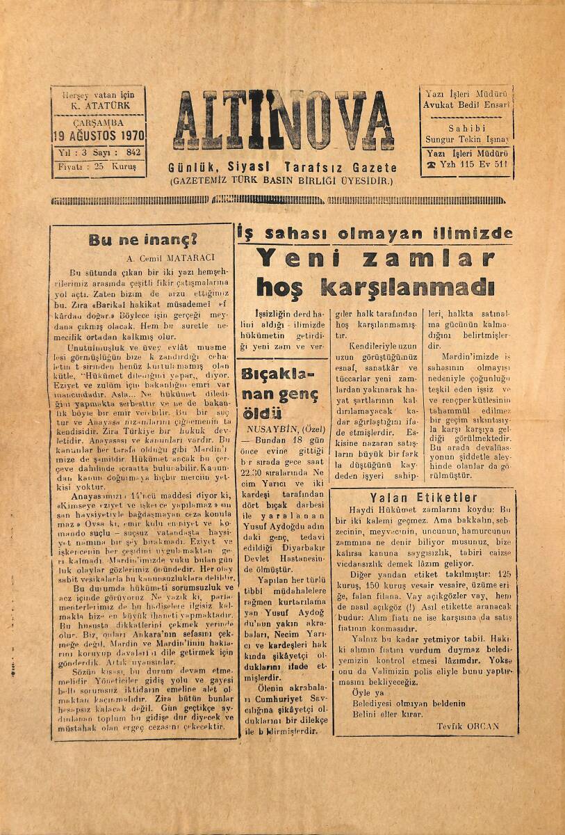 Altınova Gazetesi 19 Ağustos 1970 - İş Sahası Olamayan İlimizde Yeni Zamlar Hoş Karşılanmadı - Nusaybin Gençlik Yeni Sezonu Açtı GZ136594 - 1