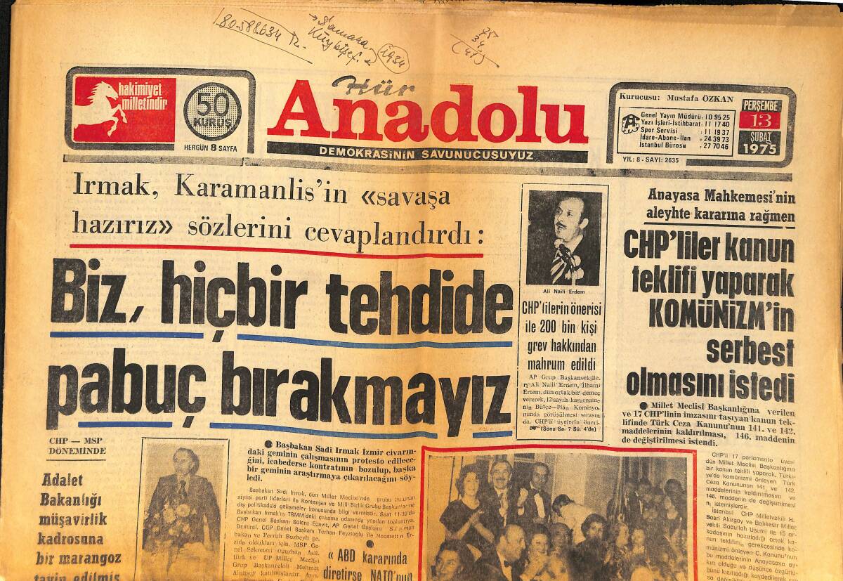 Anadolu Gazetesi 13 Şubat 1975 - Nebahat Çehre'nin Sahne Çalışmaları Başarılı Oldu - İzmir'de Bir Yahudi Mahallesi Vardı GZ156643 - 1