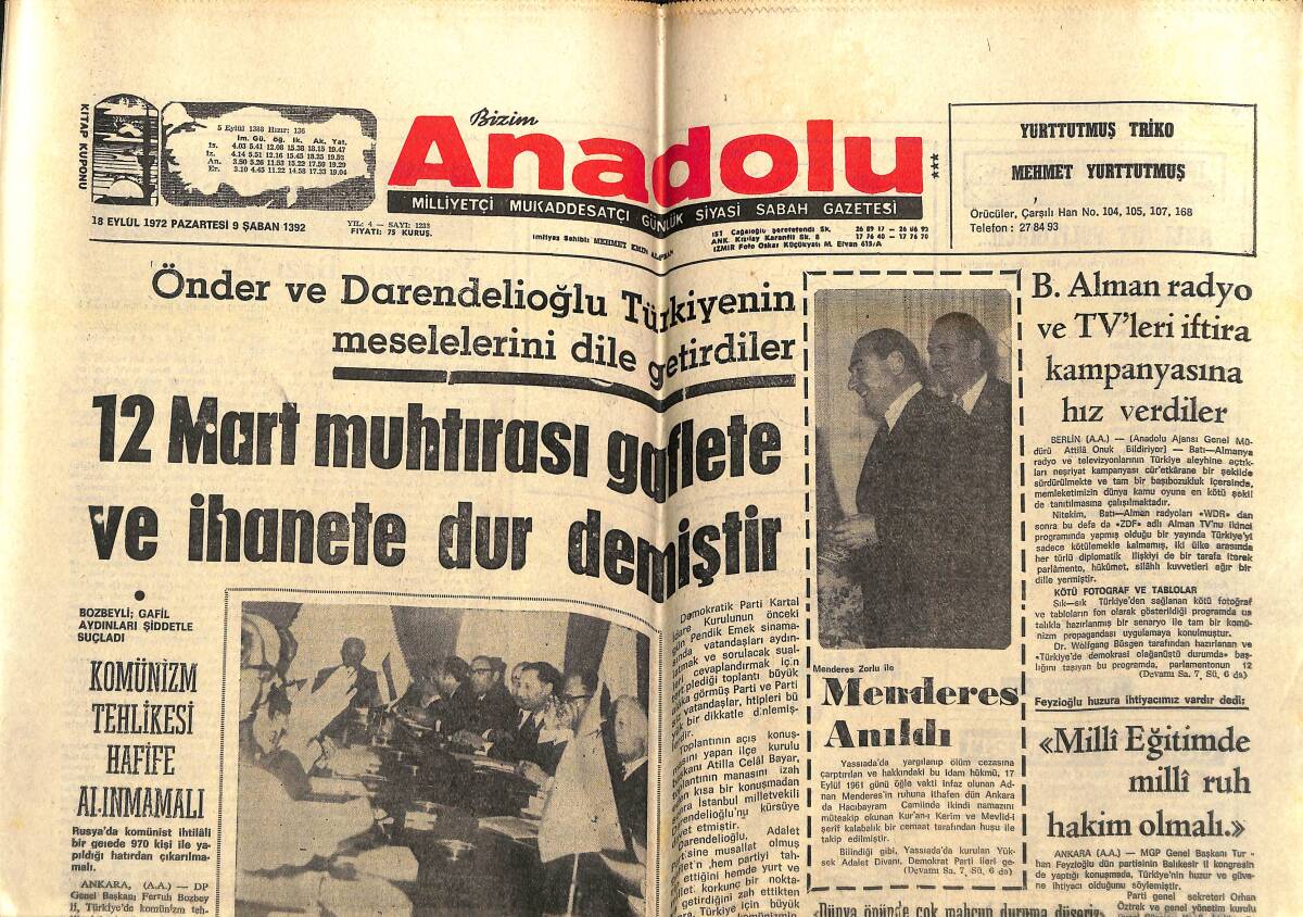 Anadolu Gazetesi 18 Eylül 1972 - Menderes Anıldı - Melen İle Özer Senato'da Söz Düellosu Yaptı GZ143281 - 1
