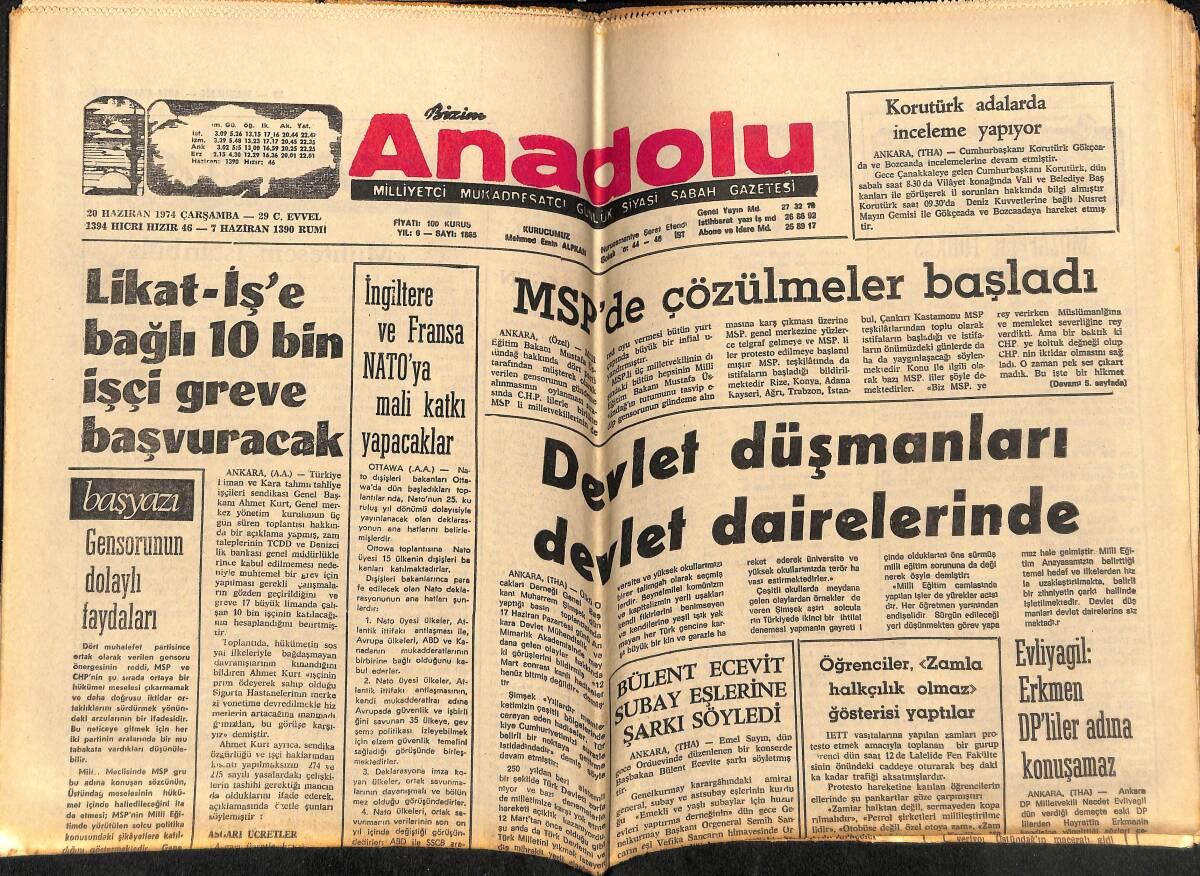 Anadolu Gazetesi 20 Haziran 1974 - Dünya Kupası Almanya'ya Bol Para Getiriyor - Türk Musikisi Vakfı Kuruluyor GZ148878 - 1