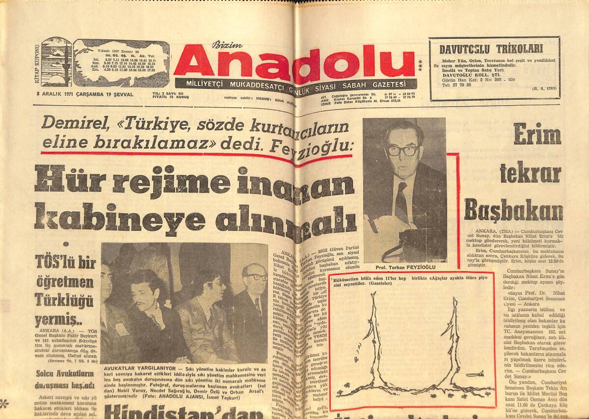 Anadolu Gazetesi 8 Aralık 1971 - Erim Tekrar Başbakan - 50 Yılın En Büyük Yöneticisi Orhan Şeref Apak Seçildi GZ146436 - 1