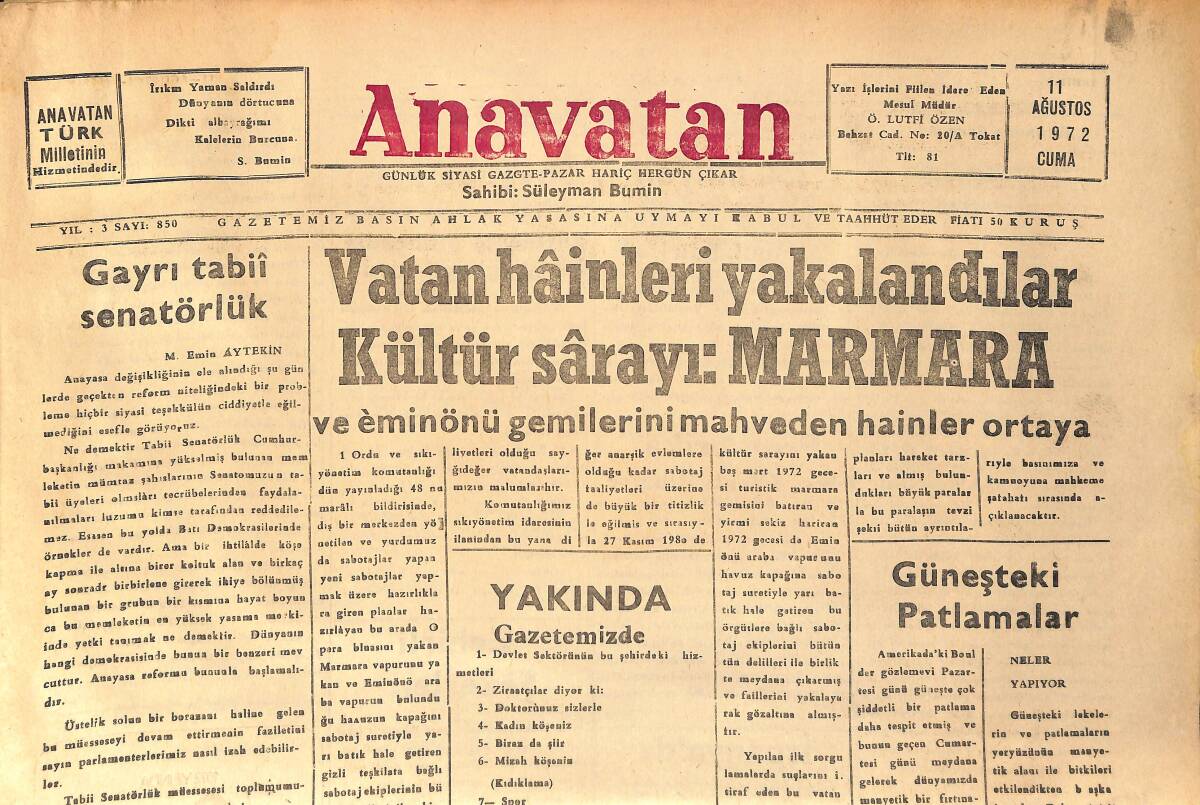 Anavatan Gazetesi 11 Ağustos 1972 - Dubçek 7 Çek Yönetici Daha Hapse Mahkûm Oldu GZ158880 - 1