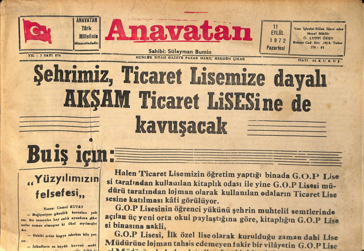 Anavatan Gazetesi 11 Eylül 1972 - Filistin Gerillasını Sovyetler Destekliyor GZ158941 - 1