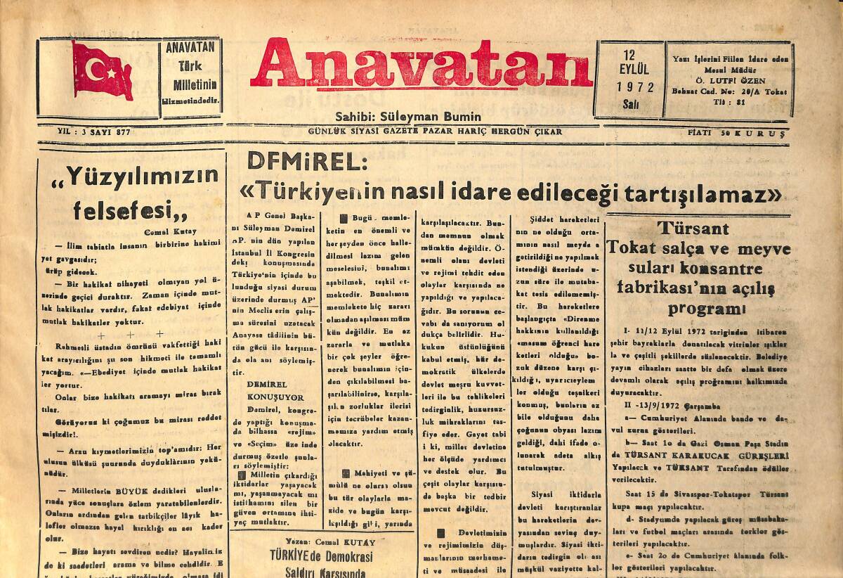Anavatan Gazetesi 12 Eylül 1972 - Süleyman Demirel 