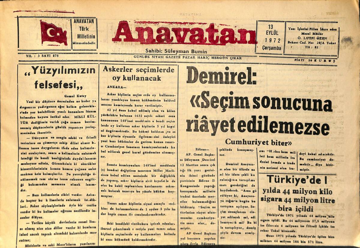 Anavatan Gazetesi 13 Eylül 1972 - Süleyman Demirel 