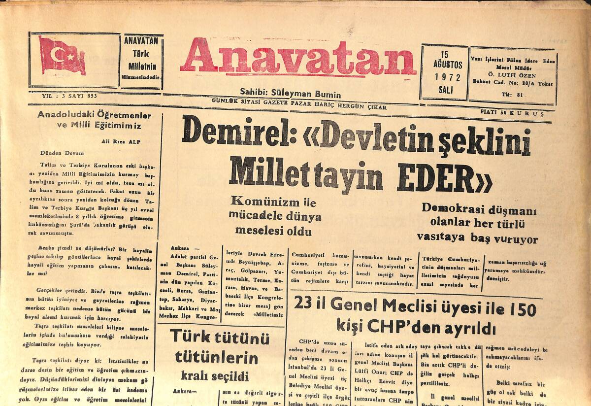 Anavatan Gazetesi 15 Ağustos 1972 - Türk Tütünü Tütünlerin Kralı Seçildi - Mevlana Amerika'da Anılacak GZ158883 - 1