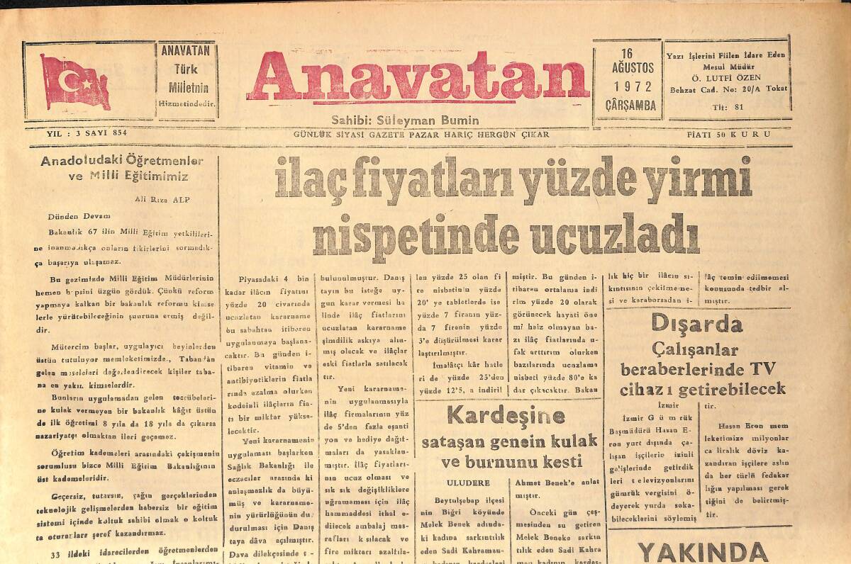 Anavatan Gazetesi 16 Ağustos 1972 - Mardin'de Akrepler Tehlike Yarattı GZ158885 - 1