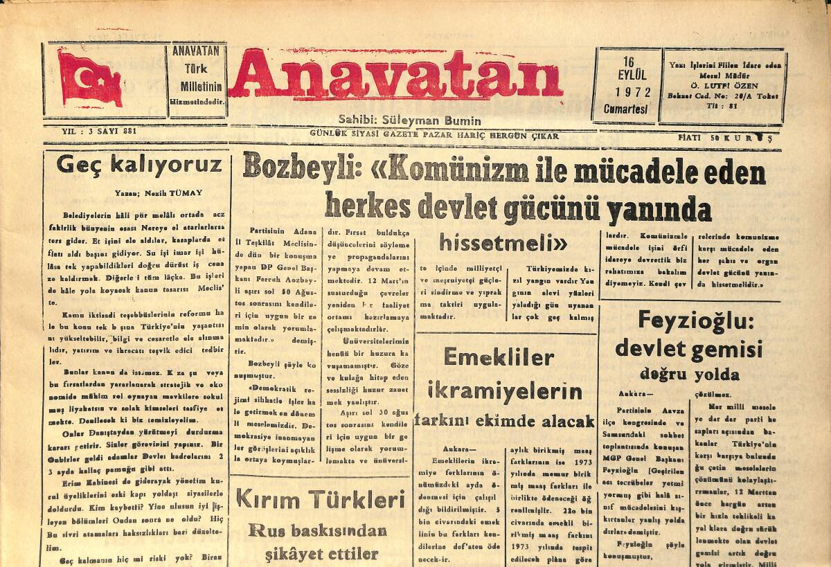 Anavatan Gazetesi 16 Eylül 1972 - Emekliler İkramiyesini Ekimde Alacak - Feyzioğlu 