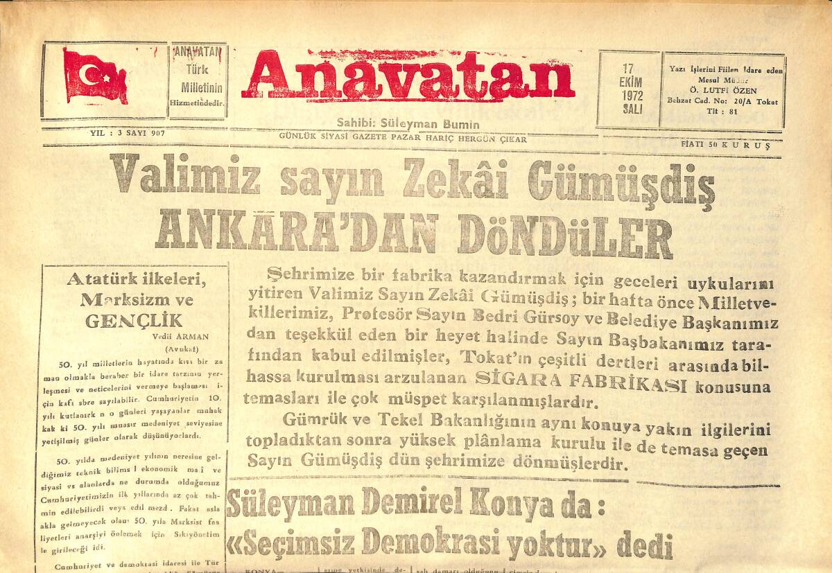 Anavatan Gazetesi 17 Ekim 1972 - Süleyman Demirel Konya'da : Seçimsiz Demokrasi Yoktur Dedi GZ158902 - 1