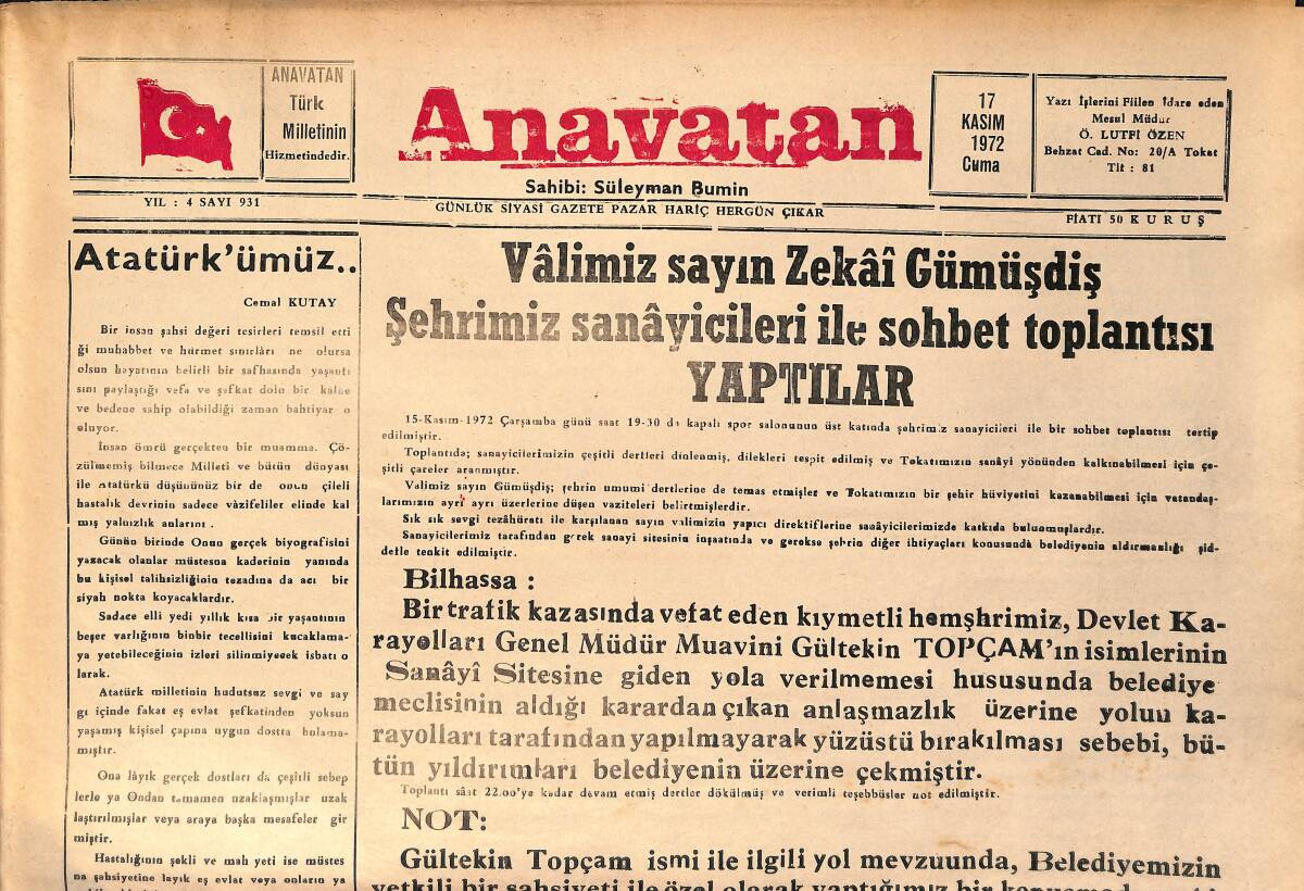 Anavatan Gazetesi 17 Kasım 1972 - Zekai Gümüşdiş Şehrimiz Tokat Sanayicileri İle Sohbet Toplantısı Yaptılar GZ158888 - 1