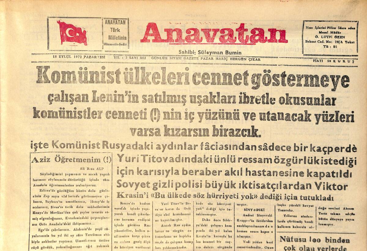 Anavatan Gazetesi 18 Eylül 1972 - Cevdet Sunay'ın Görevi 2 Yıl Daha Uzuyor - Niksar'da Ormanda Odun Toplarken Sel Sularına Yakalanan Vatandaş Öldü GZ158947 - 1