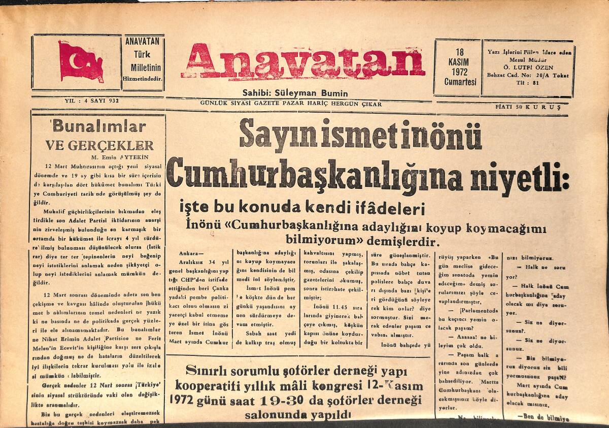 Anavatan Gazetesi 18 Kasım 1972 - Konya'da Bir Ton Kaçak Çay Ele Geçti GZ158889 - 1