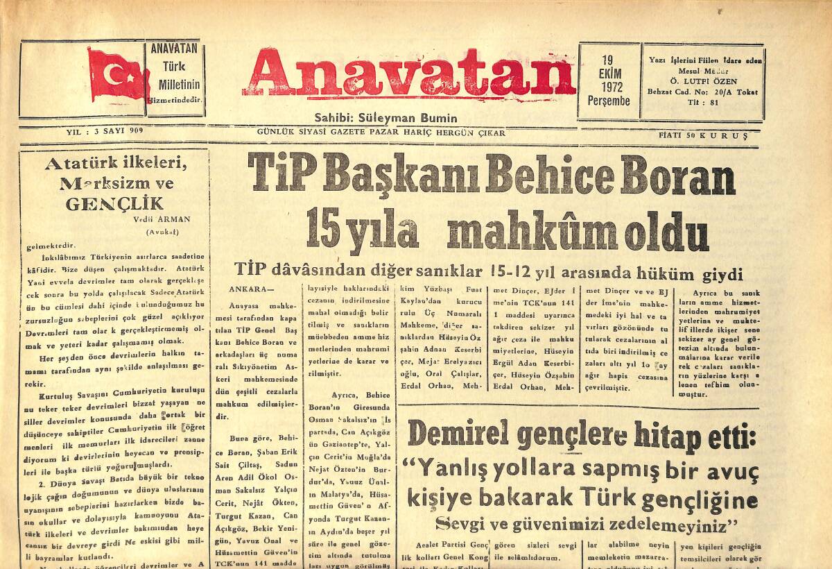 Anavatan Gazetesi 19 Ekim 1972 - TİP Başkanı Behice Boran 15 Yıla Mahkûm Oldu GZ158903 - 1