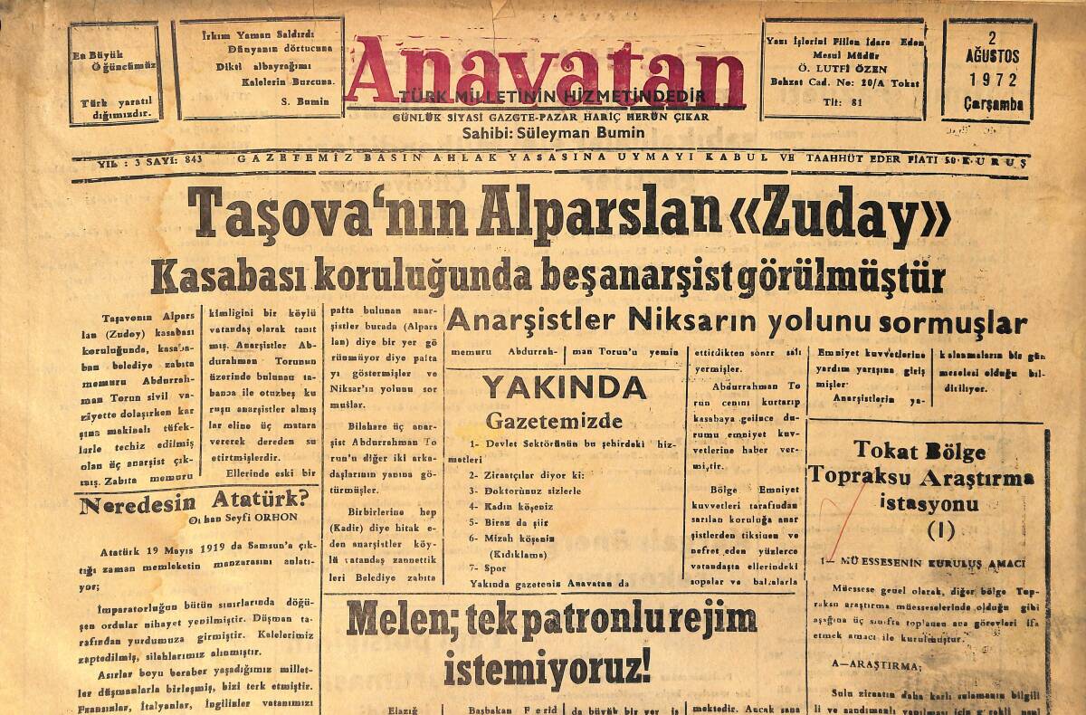 Anavatan Gazetesi 2 Ağustos 1972 - Taşova'nın Alparslan ''Zuday'' Kasabası Koruluğunda Başanarşist Görülmüştür GZ158914 - 1