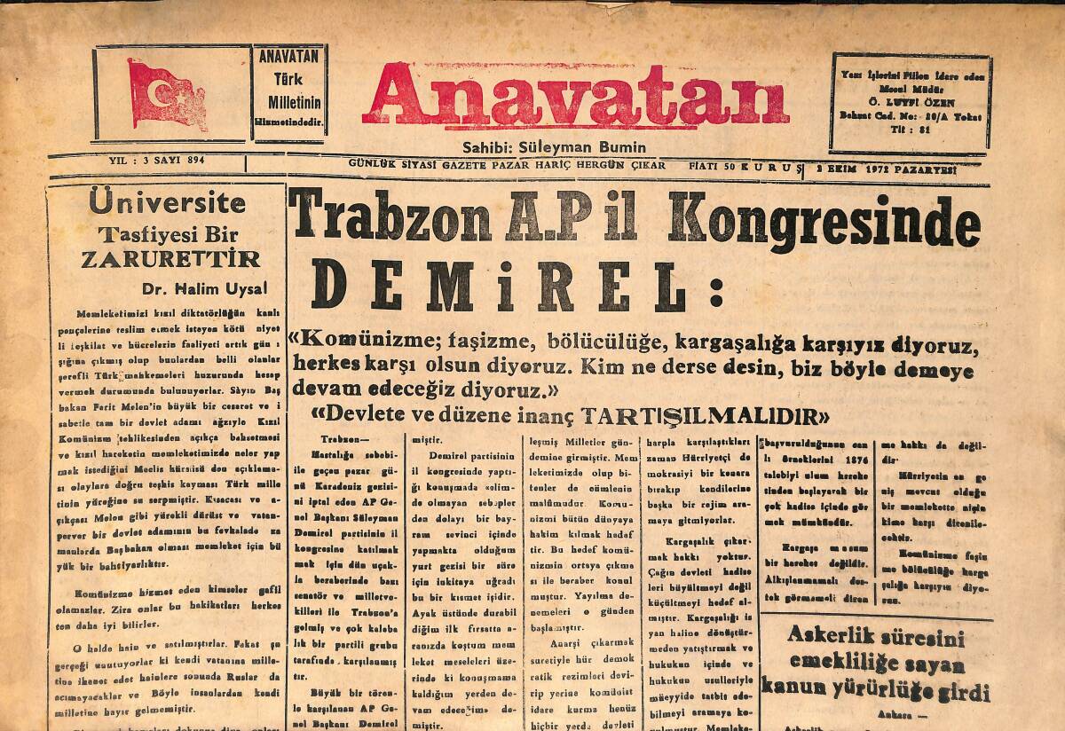Anavatan Gazetesi 2 Ekim 1972 - Amerika Tedhişçileri Kandıran Ülkelere Yardımı Kesecek GZ158896 - 1