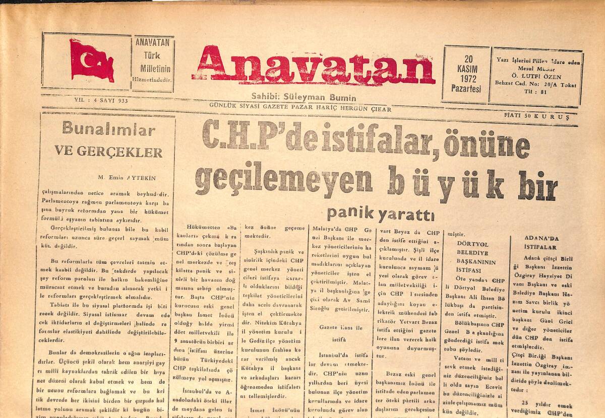 Anavatan Gazetesi 20 Kasım 1972 - Batı Trakya'daki Türkler Sistemli Olarak Yok Ediliyor GZ158890 - 1