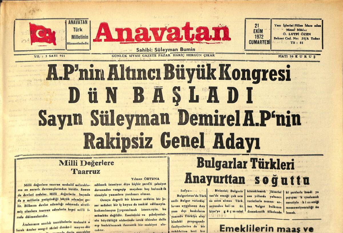 Anavatan Gazetesi 21 Ekim 1972 - Bulgarlar Türkleri Anayurttan Soğuttu - Pravda Kıbrıs Hakkında Makale Yayınlandı GZ158905 - 1