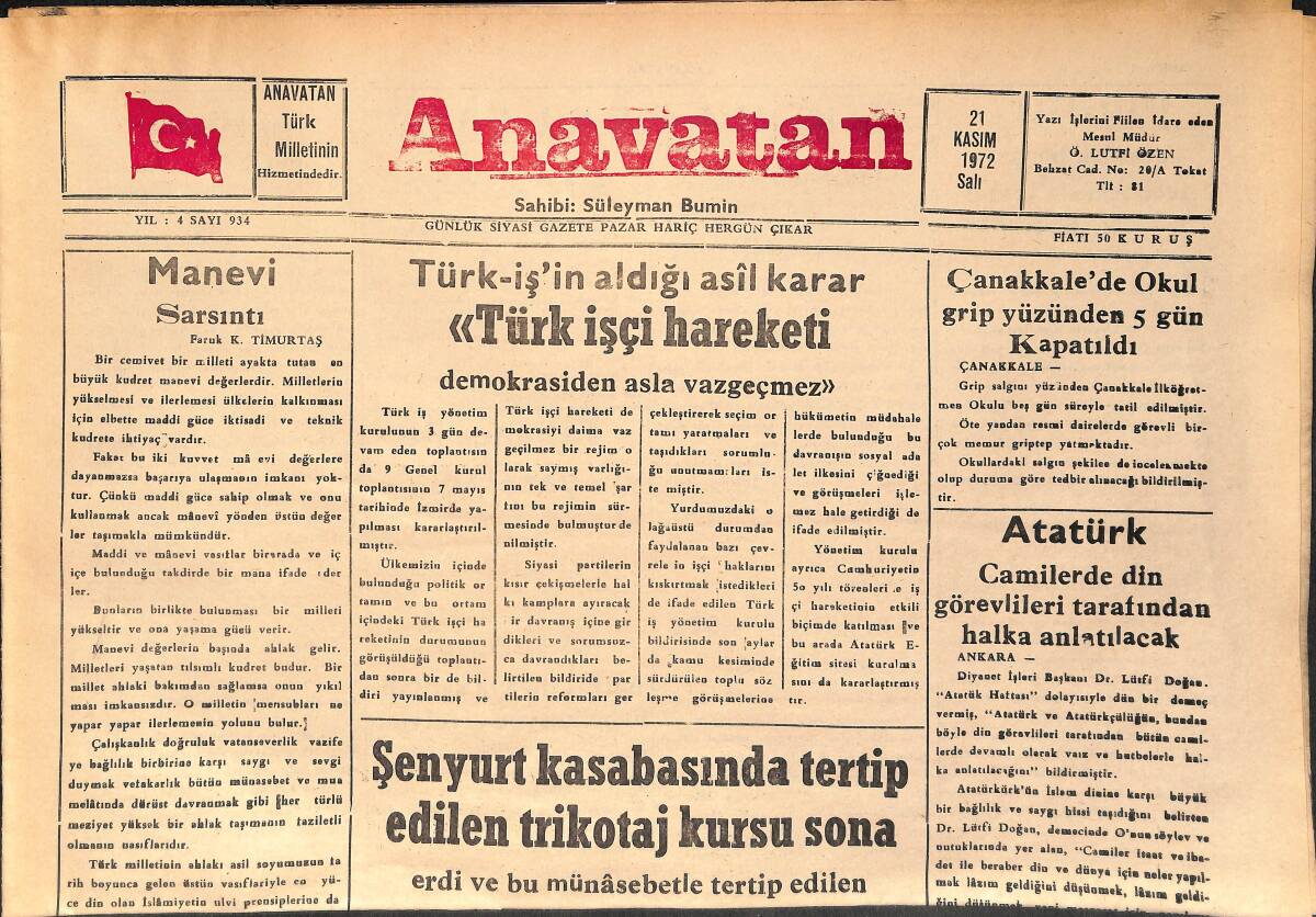Anavatan Gazetesi 21 Kasım 1972 - Keban Barajında Malzeme Deposu Yandı - Çanakkale'de Okul Grip Yüzünden 5 Gün Kapatıldı GZ158891 - 1