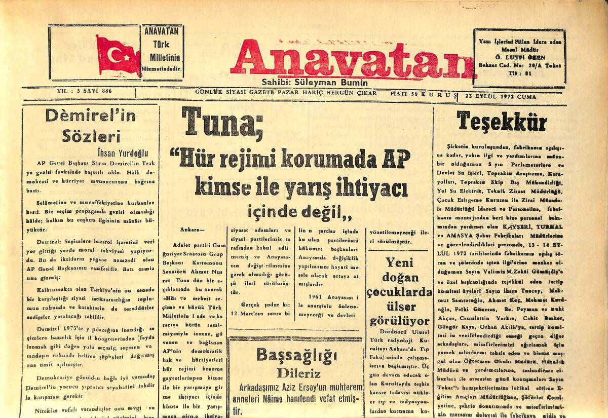 Anavatan Gazetesi 22 Eylül 1972 - Sovyetler Birliğinde Bu Yıl Tarım Ürünü Düşük GZ158897 - 1