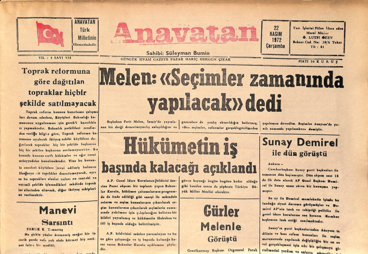 Anavatan Gazetesi 22 Kasım 1972 - Hindistan'da Kurtlar 50 Çocuğu Yemiş - Hükümetin İş Başında Kalacağı Açıklandı GZ158892 - 1