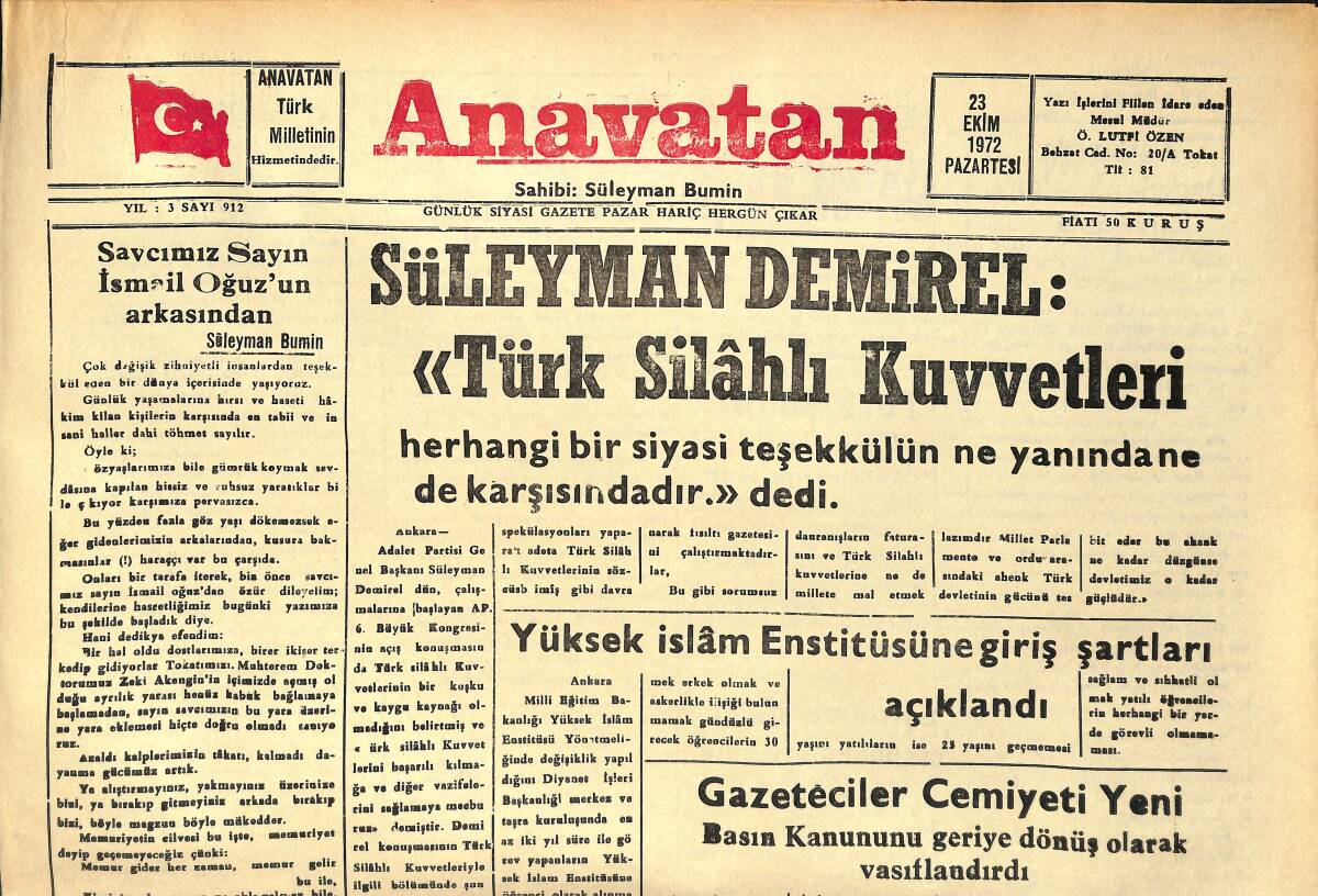 Anavatan Gazetesi 23 Ekim 1972 - Polonya'da Tren Çalındı - İsrail Dakikada 650 Mermi Atan Bir Tüfek Geliştirildi GZ158906 - 1
