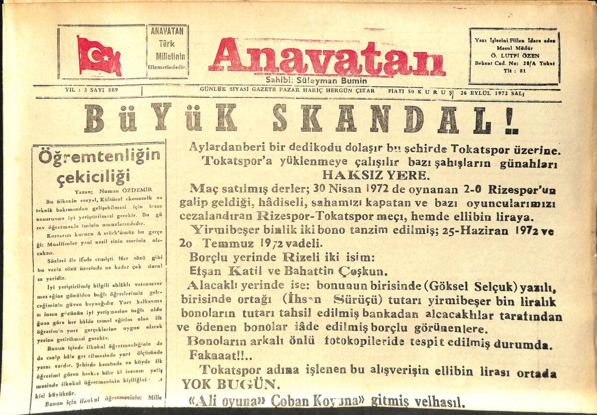 Anavatan Gazetesi 26 Eylül 1972 - Ford Hatalı İmal Edilmiş 200 Bin Arabayı Arıyor GZ158900 - 1