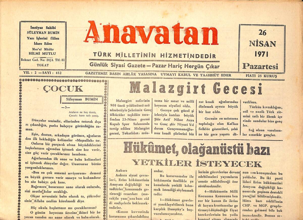 Anavatan Gazetesi 26 Nisan 1971 - Hükümet , Olağanüstü Yetkiler İsteyecek GZ157914 - 1