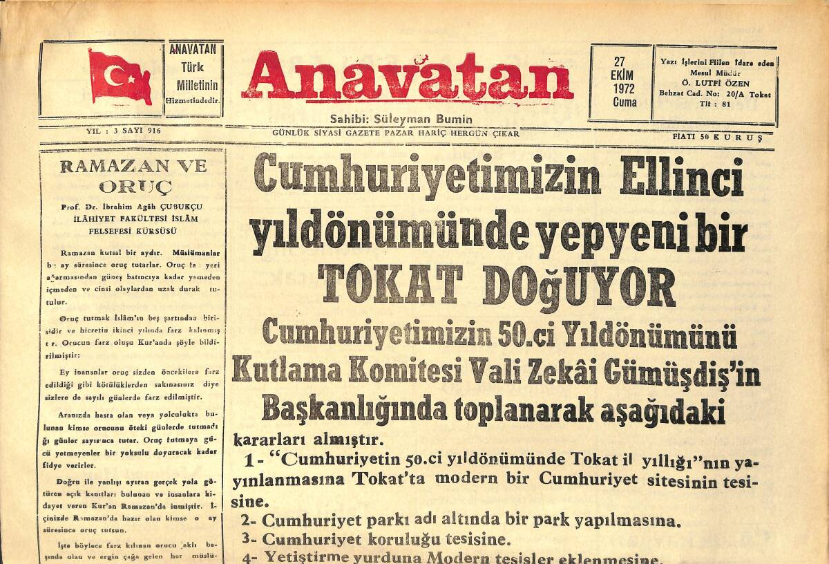 Anavatan Gazetesi 27 Ekim 1972 - Cumhuriyetimizin 50. Yıldönümünde Yepyeni Bir Tokat Doğuyor GZ158910 - 1