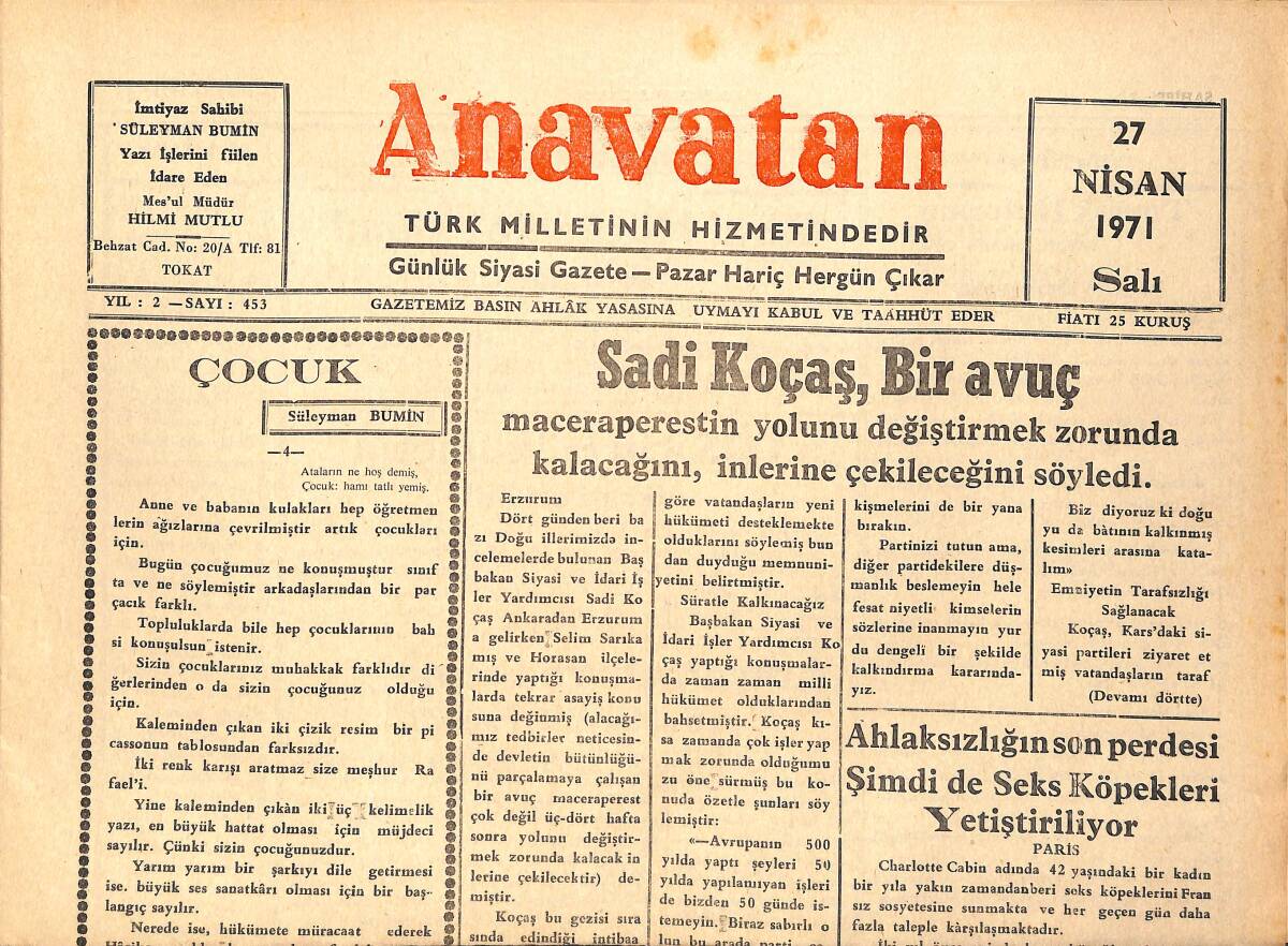 Anavatan Gazetesi 27 Nisan 1971 - Milli Güvenlik Kurulu Tedbirleri Görüşülecek GZ157915 - 1