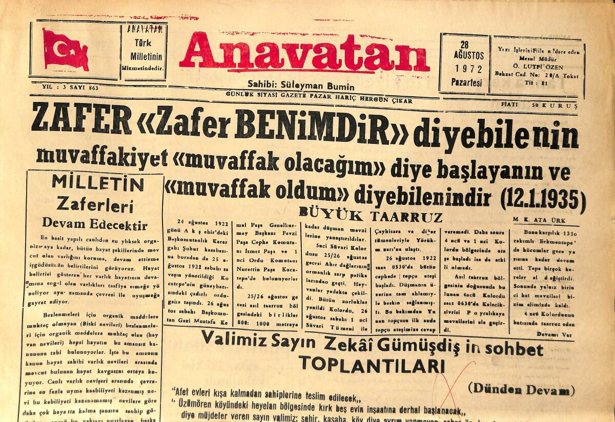 Anavatan Gazetesi 28 Ağustos 1972 - Amerika Yunan Cuntasını Kabullendi - Bulgarlar THY Uçağını Kaçıran 3 Türkü Yargılayacak GZ158938 - 1