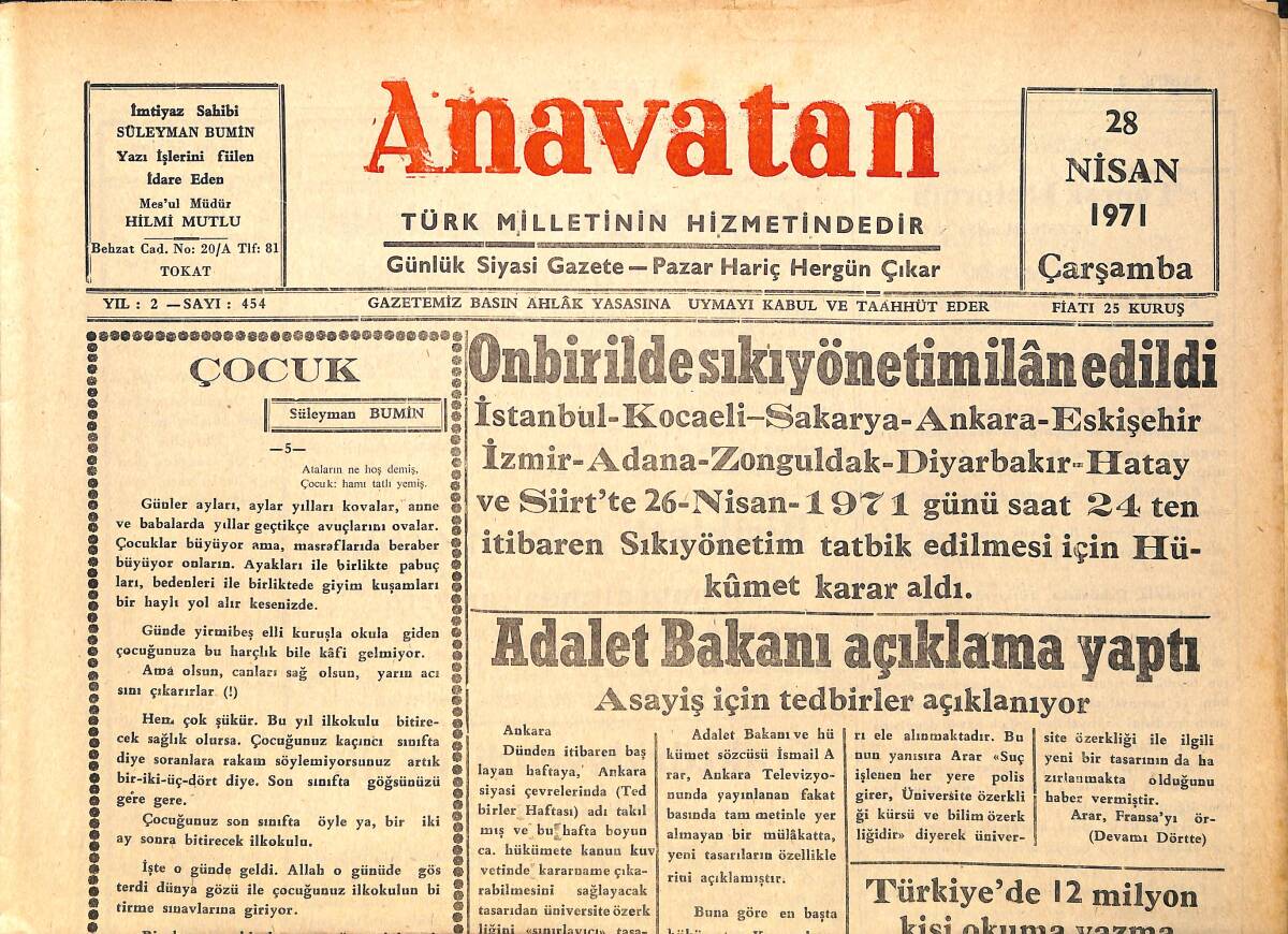 Anavatan Gazetesi 28 Nisan 1971 - Onbir İlde Sıkıyönetim İlân Edildi GZ157916 - 1