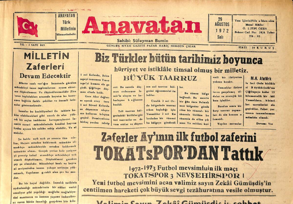 Anavatan Gazetesi 29 Ağustos 1972 - Tokatspor ilk Maçında Nevşehir'i Mağlup Etti - Tokat Tepeüstü Virajında Feci Kaza 6 Kişi Öldü GZ158953 - 1