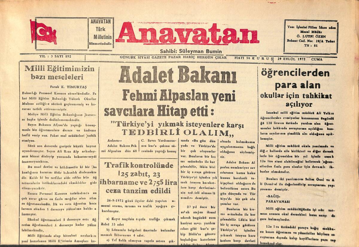 Anavatan Gazetesi 29 Eylül 1972 - Kırıkhan'da 100 Bin Liralık Kaçak Eşya Yakalandı GZ158894 - 1