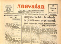 Anavatan Gazetesi 29 Nisan 1971 - Sıkıyönetimdeki Davalarda Harp Hali Esası Uygulanacak GZ157917 - Gökçekoleksiyon
